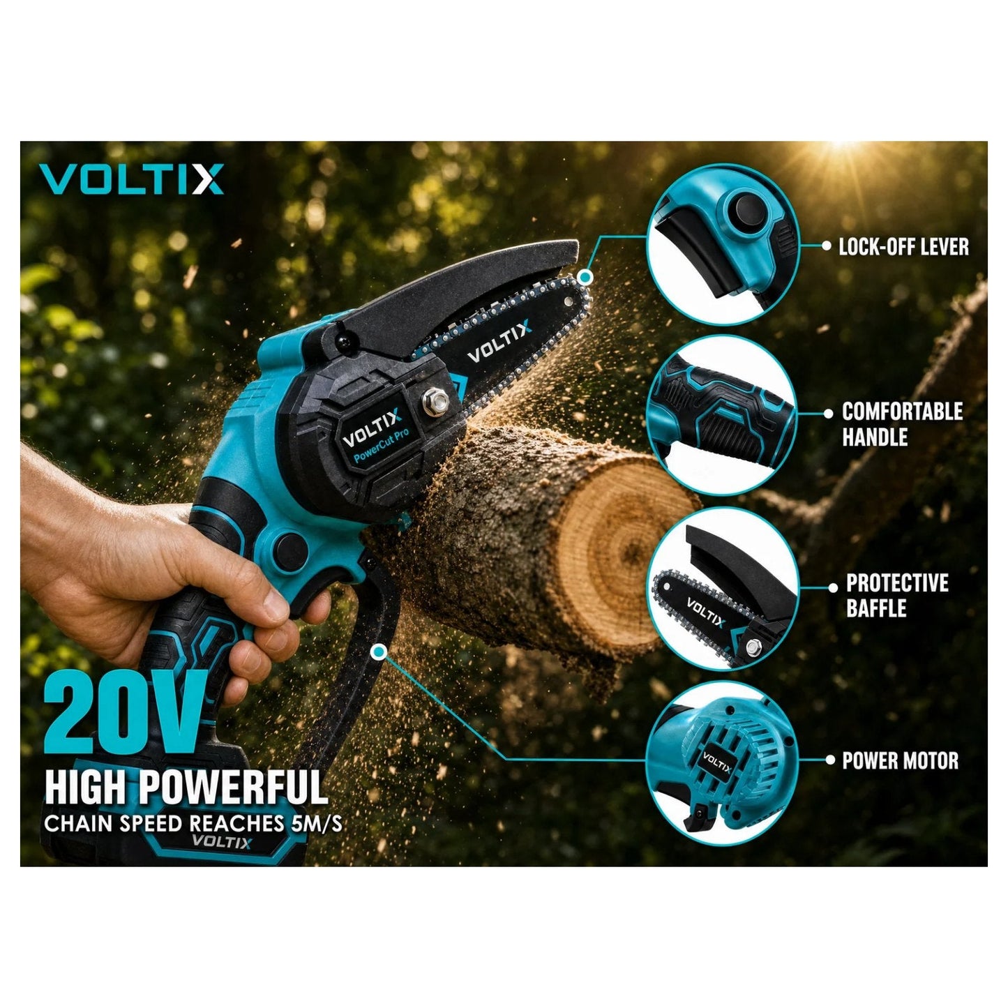 VOLTIX mini chainsaw cutting a tree branch — powerful brushless motor