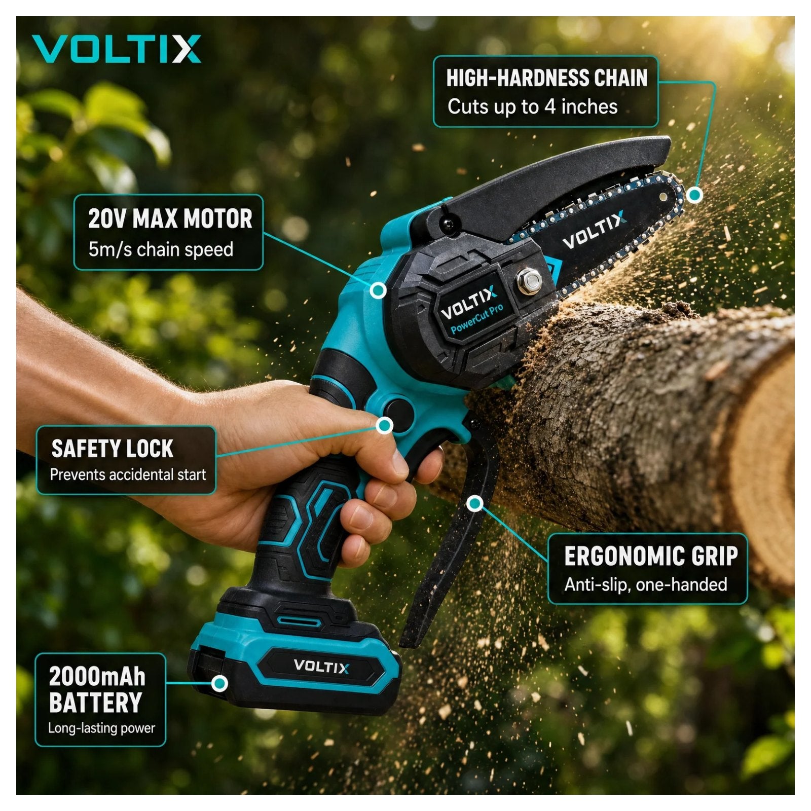 VOLTIX specs — 20V battery, ergonomic grip, safety lock