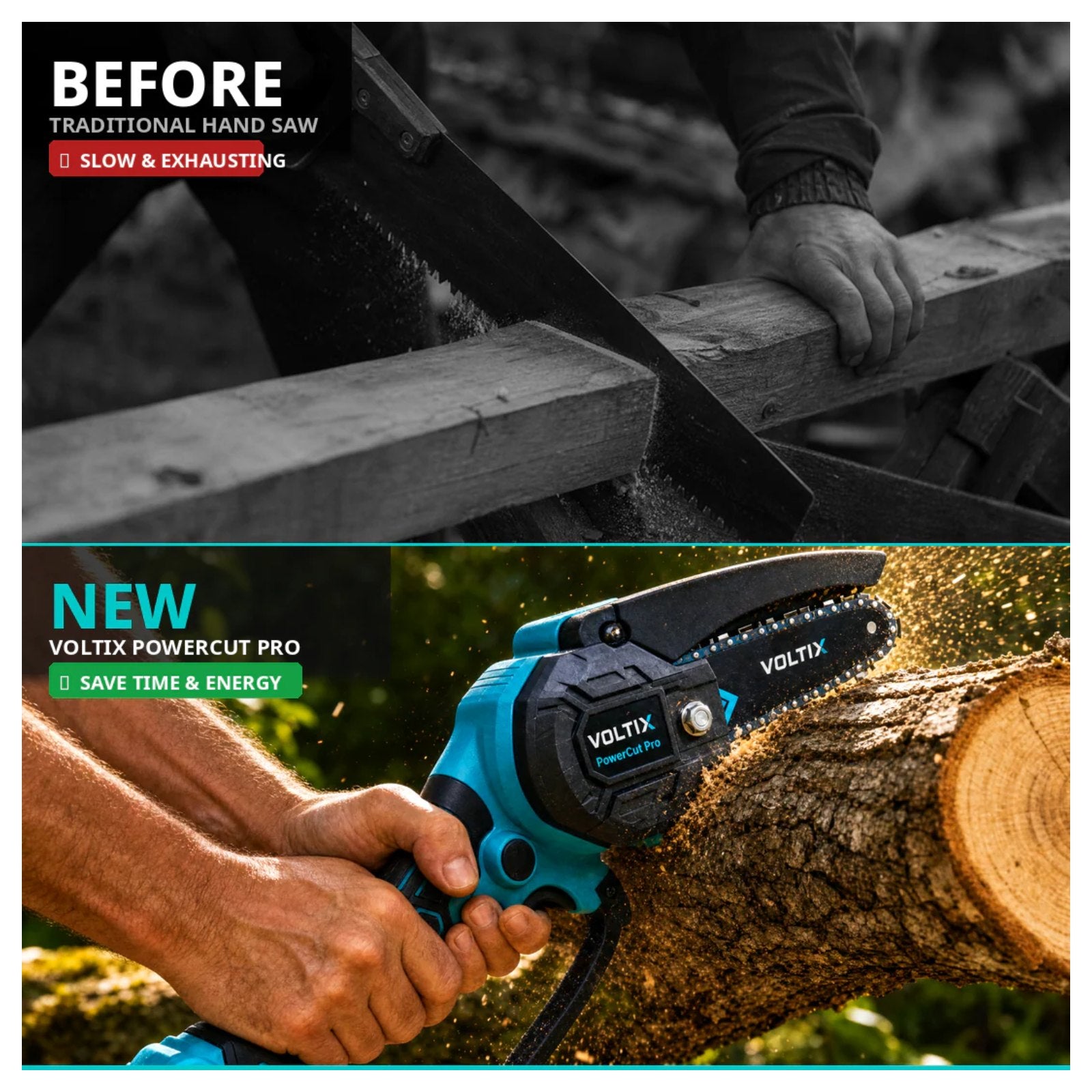 Before and after — yard cleanup with VOLTIX