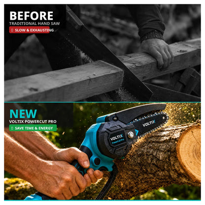 Before and after — yard cleanup with VOLTIX